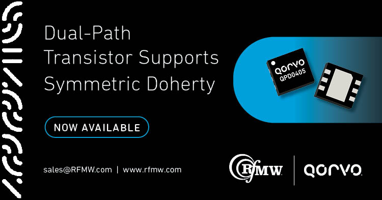 Qorvo’s QPD0405 2 x 20W dual-path, GaN transistor operates from 4.4 to 5.0 GHz. 