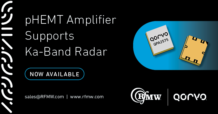The Qorvo QPA2575 32 to 38 GHz power amplifier offers 3 Watts of saturated power with small signal gain of 19 dB.