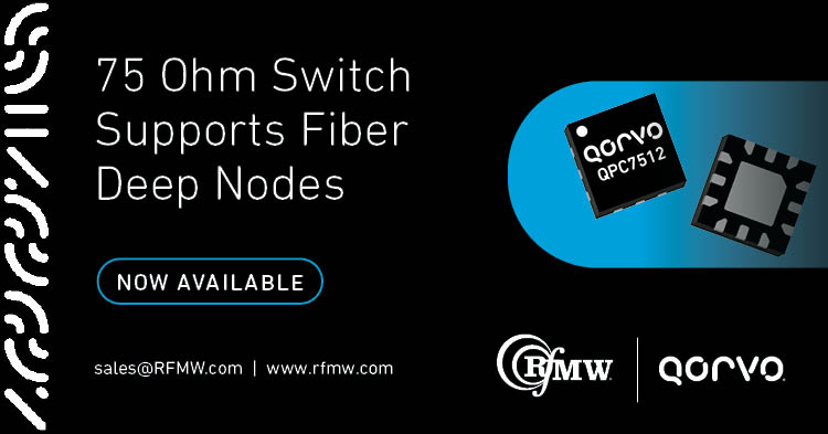 The Qorvo QPC7512 low-loss switch is a 75 ohm, SPDT switch operating from 5 to 3300 MHz