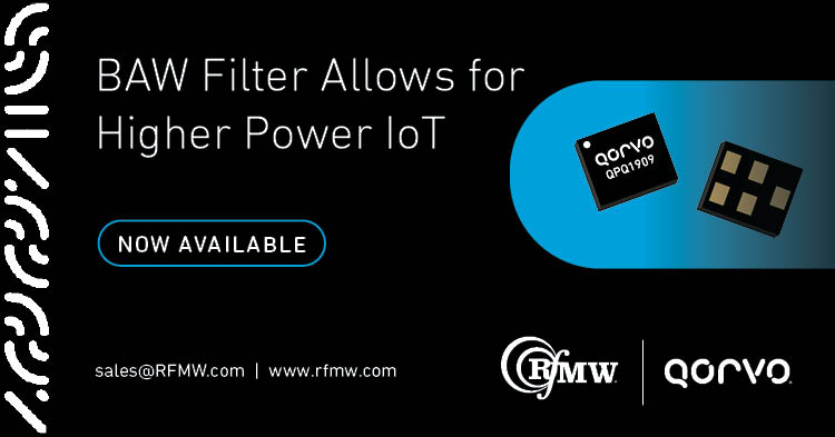 The Qorvo QPQ1909 Bulk Acoustic Wave (BAW) band-pass filter exhibits low loss in the Wi-Fi band (Channels 1 - 14)