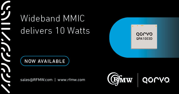 The Qorvo QPA1003D operates from 1 to 8 GHz and typically provides 10W saturated output power
