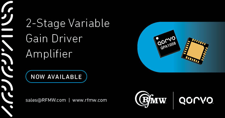 The Qorvo QPA1008 is a two-stage variable gain amplifier for S-band applications from 2.7 to 3.8 GHz