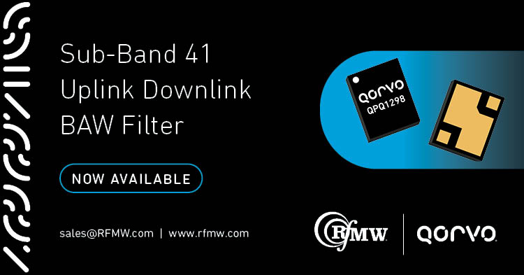 The Qorvo QPQ1298 is a compact, bulk-acoustic wave (BAW) band pass filter with 2595 MHz center frequency and 160 MHz bandwidth