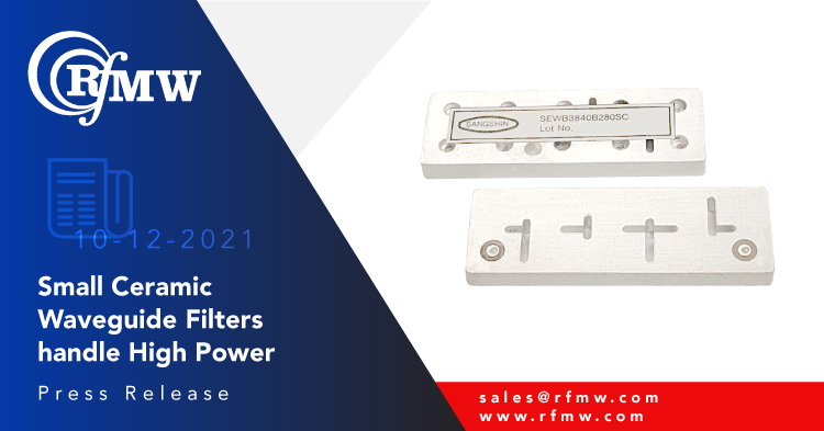 The Sangshin Elecom SEWB3500SP200SM Ceramic Waveguide filter covers 200 MHz of C-Band (3400 to 3600 MHz) with a power handling of 5 Watts average (120 W peak).