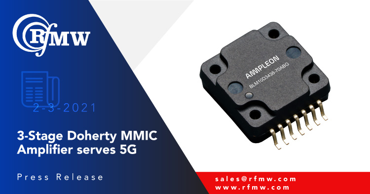The Ampleon BLM10D3438-70ABG is a 3-stage, fully integrated Doherty MMIC solution for 3.4 to 3.8 GHz power amplifier designs.