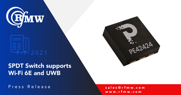 The PE42424 100 to 8500 MHz reflective 50 Ohm SPDT RF switch supports bandwidths up to 6 GHz
