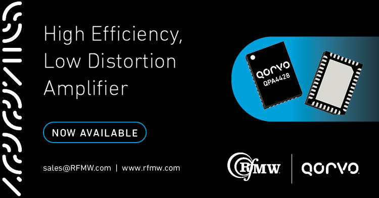 The Qorvo QPA4428, 75-ohm push-pull RF amplifier delivers over 28 dB of flat gain for broadband CATV hybrid modules up to 1218 MHz