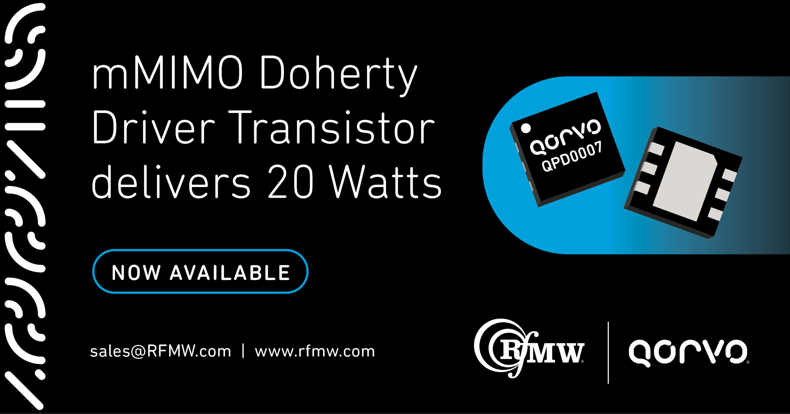 The Qorvo QPD0007 is an unmatched, single-stage GaN transistor offering up to 20 Watts of output power in frequency bands from DC to 5 GHz.